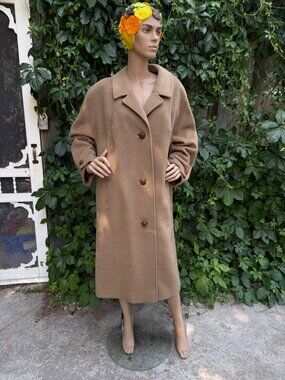 60s Camel Hair Mid Length Coat Triple Leather Button Notch Collar Waist 60"